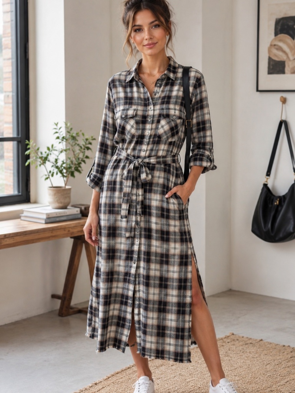 Sanctuary Plaid Shirt Dress Womens Gray Black Button Front Belted Midi size L
